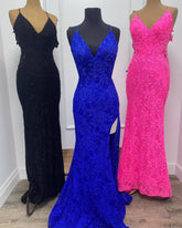 Royal Blue Mermaid Plunging V Straps Lace Long Prom Dress with Slit